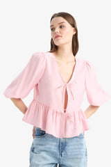 Regular Fit V Neck Modal Front Tie Long Sleeve Blouse