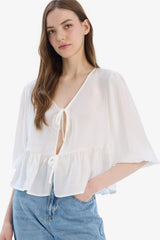 Regular Fit V Neck Modal Front Tie Long Sleeve Blouse