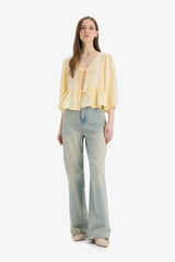 Regular Fit V Neck Modal Front Tie Long Sleeve Blouse