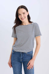 Regular Fit Boat Neck Striped Short Sleeve T-Shirt