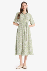 A Cut Shirt Collar Patterned Lace-Up Short Sleeve Midi Dress