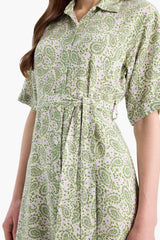 A Cut Shirt Collar Patterned Lace-Up Short Sleeve Midi Dress