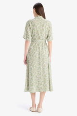 A Cut Shirt Collar Patterned Lace-Up Short Sleeve Midi Dress