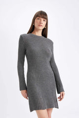 A Cut Bike Collar Long Sleeve Mini Sweater Dress