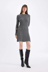 A Cut Bike Collar Long Sleeve Mini Sweater Dress