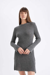 A Cut Bike Collar Long Sleeve Mini Sweater Dress