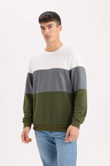 Regular Fit Crew Neck Color Block Jacquard Sweatshirt