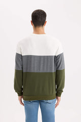 Regular Fit Crew Neck Color Block Jacquard Sweatshirt