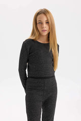 Girls 2-Piece Set Shiny Fabric Long Sleeve Top Bell-bottom