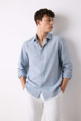 Regular Fit Polo Collar Striped Linen Long Sleeve Shirt