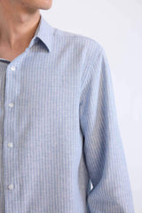 Regular Fit Polo Collar Striped Linen Long Sleeve Shirt