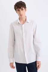 Regular Fit Polo Collar Striped Linen Long Sleeve Shirt