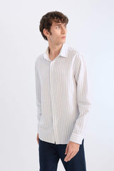 Regular Fit Polo Collar Striped Linen Long Sleeve Shirt