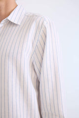 Regular Fit Polo Collar Striped Linen Long Sleeve Shirt