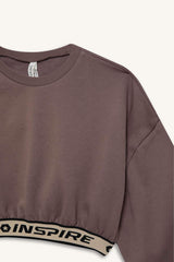 Girls Crop Crew Neck Printed Sweatshirt with Soft Fleece Lining