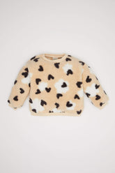 Baby Girl Crew Neck Heart Patterned Soft Furry Inside Welsoft Plush Sweatshirt