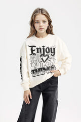Girls Oversize Loose Fit Crew Neck Printed Sweatshirt