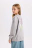 Girls Gray Oversize Wide Pattern Crew Neck Back Printed Sweatshirt