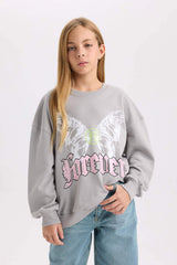 Girls Gray Oversize Wide Pattern Crew Neck Back Printed Sweatshirt