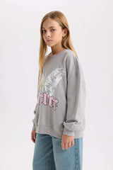 Girls Gray Oversize Wide Pattern Crew Neck Back Printed Sweatshirt