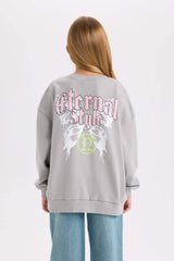 Girls Gray Oversize Wide Pattern Crew Neck Back Printed Sweatshirt