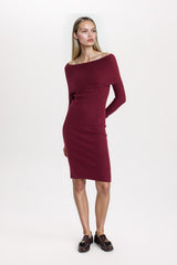 Fitted Open Shoulder Basic Plain Long Sleeve Bodycon Midi Knit Dress
