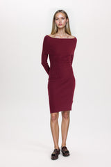 Fitted Open Shoulder Basic Plain Long Sleeve Bodycon Midi Knit Dress