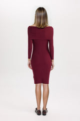 Fitted Open Shoulder Basic Plain Long Sleeve Bodycon Midi Knit Dress