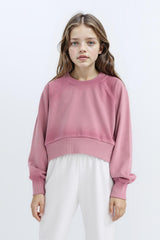 Girls Relax Fit Crew Neck Crop Basic Plain Sweatshirt
