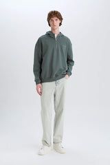 Boxy Fit Hooded Half Zipper Printed Sweatshirt