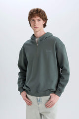 Boxy Fit Hooded Half Zipper Printed Sweatshirt