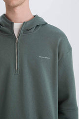 Boxy Fit Hooded Half Zipper Printed Sweatshirt