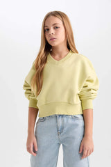 Girls Cropped Fit V-Neck Basic Plain Sweatshirt