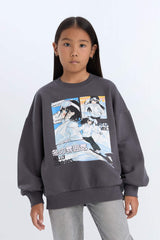 Girls Oversize Wide Pattern Crew Neck Printed Sweatshirt