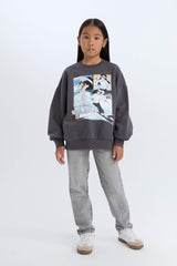 Girls Oversize Wide Pattern Crew Neck Printed Sweatshirt