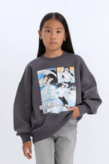 Girls Oversize Wide Pattern Crew Neck Printed Sweatshirt