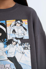 Girls Oversize Wide Pattern Crew Neck Printed Sweatshirt