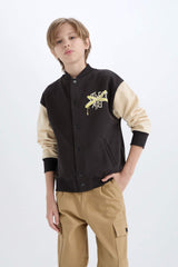 Boys College Collar Back Printed Snap-On Bomber Jacket