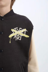 Boys College Collar Back Printed Snap-On Bomber Jacket