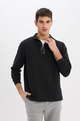 Regular Fit Stand Collar Half Zipper Basic Plain Sweatshirt