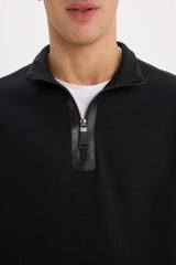 Regular Fit Stand Collar Half Zipper Basic Plain Sweatshirt