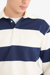 Relax Fit Polo Collar Striped Thick Sweatshirt