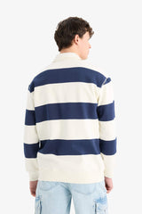 Relax Fit Polo Collar Striped Thick Sweatshirt