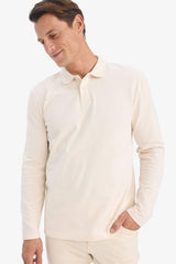 100% Cotton New Regular Fit Basic Plain Long Sleeve Textured Pique Polo T-Shirt