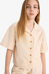 Girl Linen Short Sleeve Crop Shirt