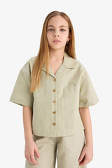Girl Linen Short Sleeve Crop Shirt