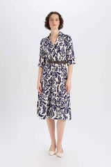 Shirt Collar Printed Midi Dress