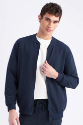 Relax Fit College Collar Textured Bomber Cardigan