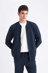 Relax Fit College Collar Textured Bomber Cardigan