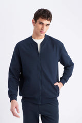 Relax Fit College Collar Textured Bomber Cardigan